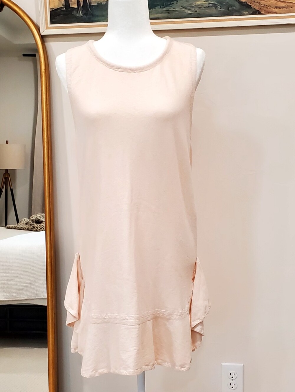 Emah the Label Organic Cotton Hand Crafted Mini Ruffle Hem Shift Dress,Blush Med
